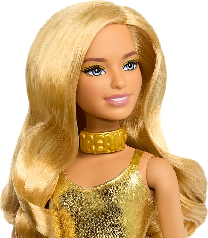Barbie Fashionistas Doll #222, Petite Body Type with Blonde Wavy Hair, Golden Jumpsuit & Accessories, 65th Anniversary Collectible Toy