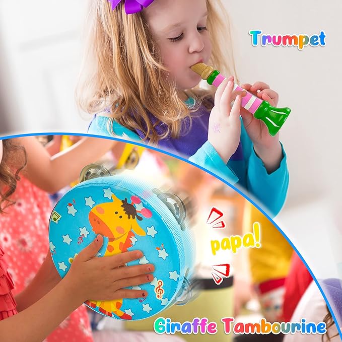 Kids Musical Instruments, Wooden Musical Toys Set for Toddlers with Xylophone Maracas Tambourine, Educational Montessori Toys for 3 4 5 Years Old Girls Boys