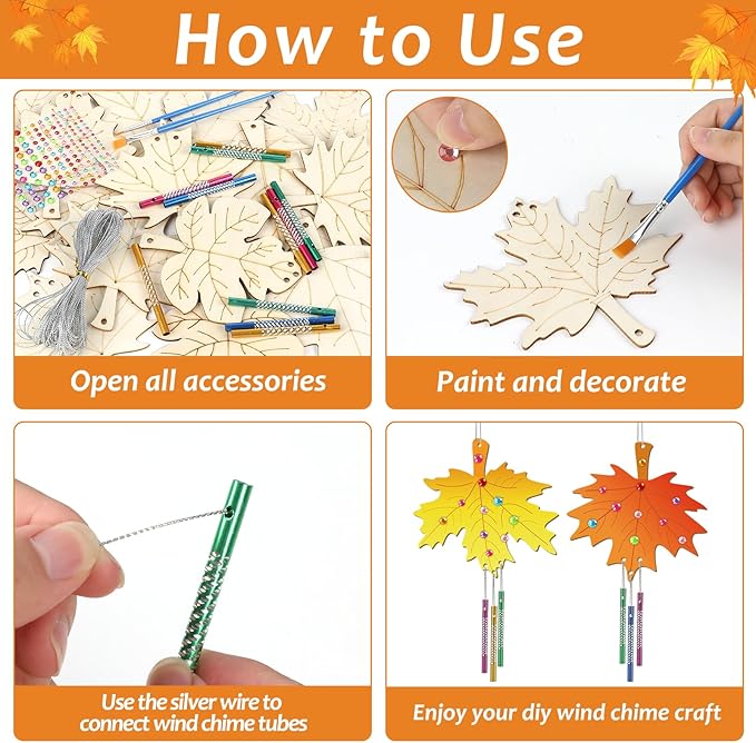 gisgfim 16 Pack Fall Wind Chime Kits for Kids Make Your Own Maple Leaves Wind Chime Wooden DIY Arts and Crafts for Thanksgiving Autumn Party School Classroom Decorations Supplies Birthday Favor