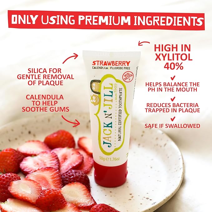 Jack N' Jill Toddler Toothbrush and Toothpaste Combo - Baby Toothbrush 12 Months and Up, 1 Year Old Toothbrush and Toothpaste Set, Fluoride Free - 1 Kids Toothbrush and 1 Strawberry Toothpaste