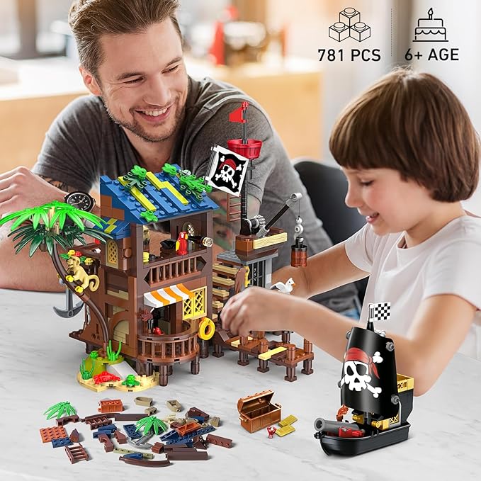 HOGOKIDS Pirate Ship House Building Set with LED Light - 3 Style Modes Pirate Wharf Supply Center Building Block Set, 781PCS STEM Bricks Kit for Kids Girls Boys Ages 6-12+ Birthday Gifts