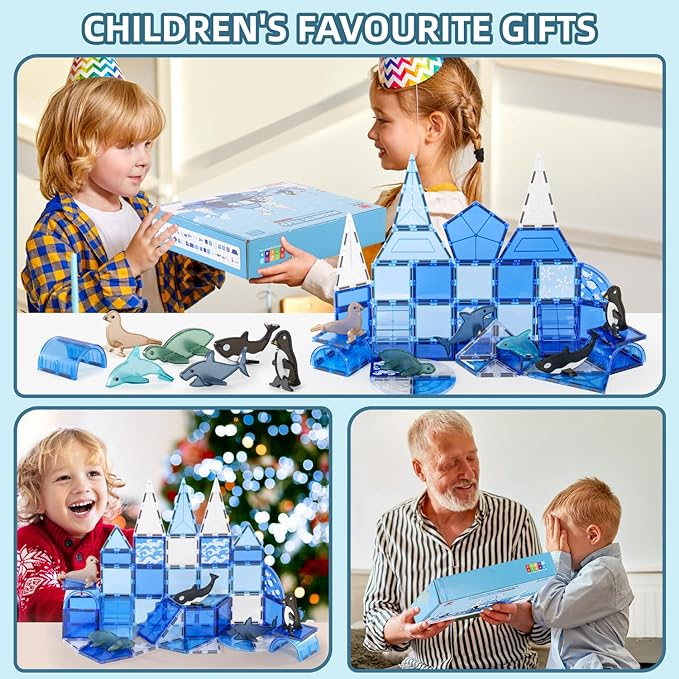 Arctic Animals Magnetic Tiles for Kids Ages 3-8, Frozen Toys Magnetic Building Set with 6 Sea Animals, Educational Magnet Blocks for School Toddlers, Birthday Xmas Gifting Purpose for Boys Girls 4-6