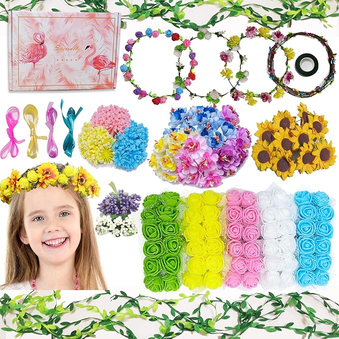 WUBOMJIO Flower Crowns Craft Kit, Make Your Own 12 PCs Flower Crowns Garland Handmade Arts and Crafts for Kids, DIY Fairy Flower Headbands and Bracelets,Hair Accessories Gift for Girls/Teens/Women
