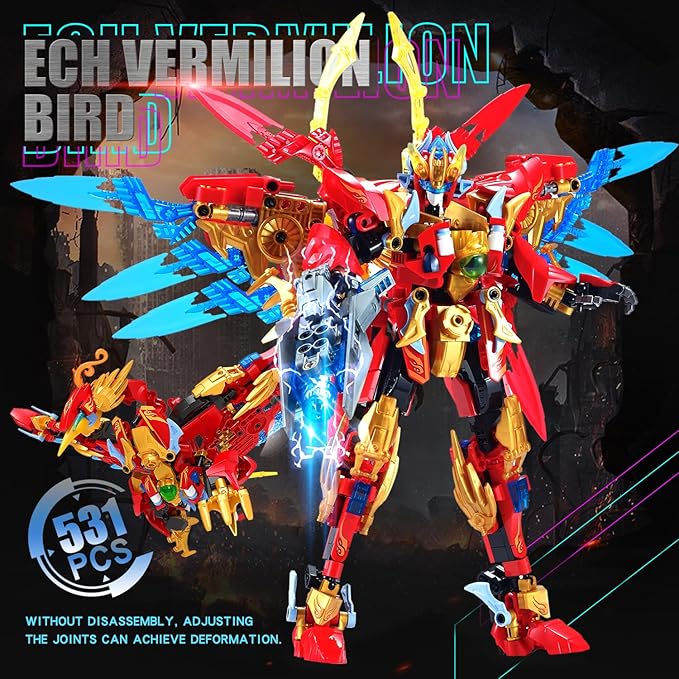 Mech Sets 2in1 Building Blocks，Transforming Robot Building Kits with Vermilion Bird Model，Christmas Birthday Gift for Adults Kids Boys Ages 8 9 10 11 12 13 14+（531 Pieces） (Vermilion Bird)