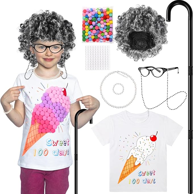 Old Lady Costume for Girls 100 Days of School Costume 100 Days DIY Shirt Pom Poms Balls for Kids Grandma Dress up