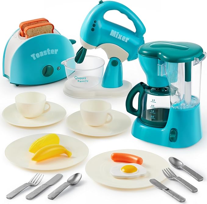 Joyin Play Kitchen Toys, Pretend Play Kitchen Appliances Toy Set with Coffee Maker, Mixer, Toaster with Realistic Lights& Sounds, Birthday Gift for Kids Ages 2 3 4 5, Blue
