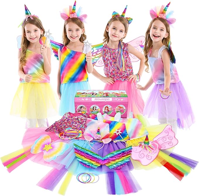 Jeowoqao Girls Princess Dress up Trunk Set 19 Pcs, Girls Rainbow Costume Set, Toddler Girls Dress up Clothes Pretend Play Costumes Set for Little Girl Ages 3 4 5 6