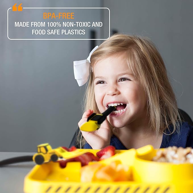 Dinneractive Utensil Set for Kids – Construction Themed Toddler Forks and Spoons, Toddler Utensils – 2-Piece Set – Yellow Construction Utensils For Toddlers - Loader & Tractor Toddler Spoons and Forks