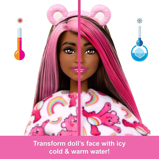 Barbie Cutie Reveal Doll & Accessories, Care Bears Series, Fashion Doll with Cheer Bear Plush Costume & 10 Surprises Including Color Change & Mini Bear
