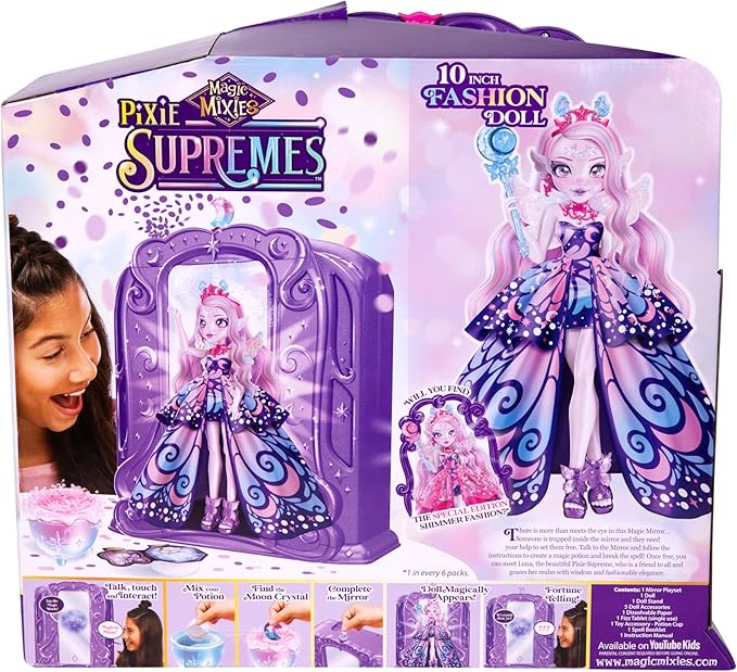 Magic Mixies Pixie Supremes Magic Mirror. Luna The Butterfly Pixie Supreme. Mix Magic Potion, Find Moonstone, Release to Reveal a Premium 10.5" Pixie Supreme Doll. 50+ Lights & Sounds. Fortune Teller