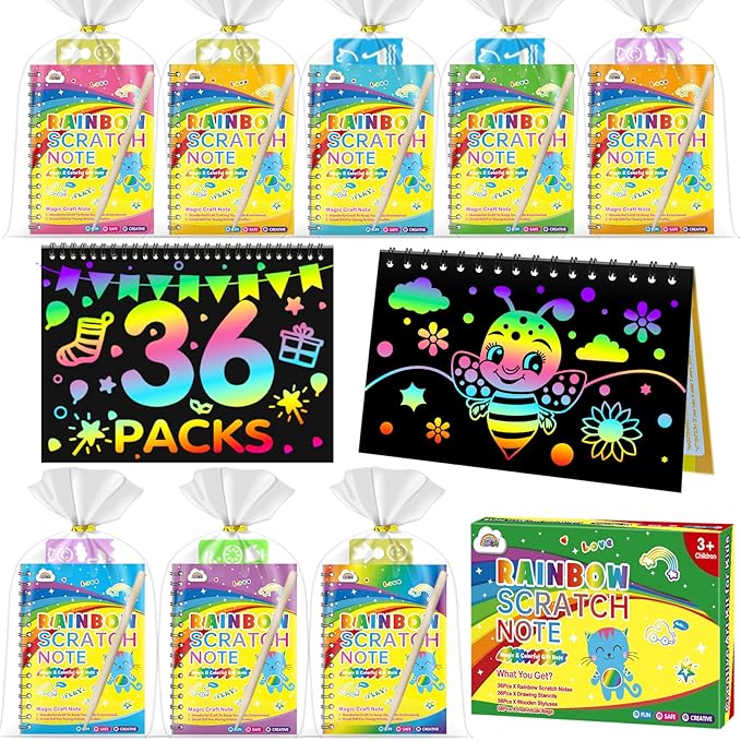 ZMLM Rainbow Scratch Party Favors Kids: Birthday Gifts Toy Bulk Scratch Art Notebook 36 Pack Scratch Paper Birthday Party Favor Girls Boys Art Craft Kit Scratch Pads Classroom Prizes