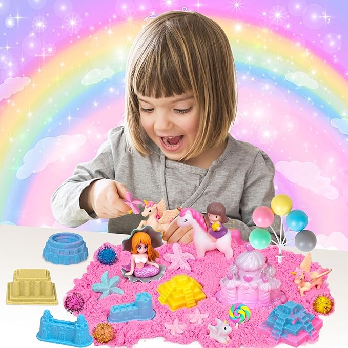 Hymaz Unicorn Sensory Bin, 47 pcs Unicorn & Ocean Sensory Bins for Kids 2-4 5-7, Kids Play Sand for Sandbox Toys, Sandbox with lid Castle Unicorn Toys for Girls Age 4-6 Indoor Xmas Birthday Gifts