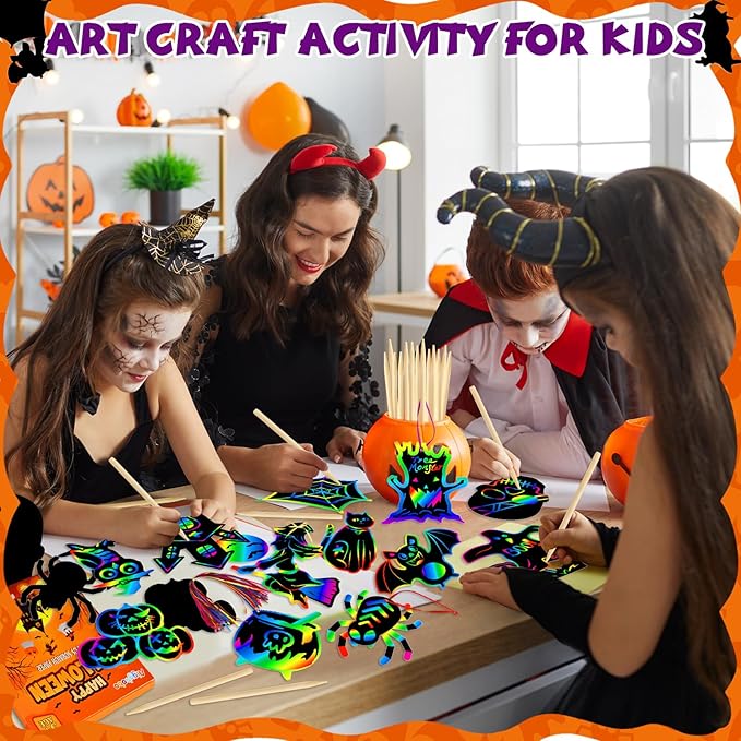 Halloween Crafts Kit for Kids, 48 Pcs Magic Scratch Off Cards Paper Hanging Set, Halloween Party Favors Gifts Ornaments for Kids Halloween Party Games Classroom DIY Activity Art Craft Supplies