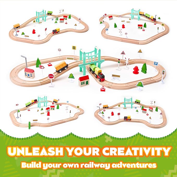 47Pcs Wooden Train Set for Toddlers, Wooden Train Track - Expandable and Changeable, Safe Educational Train Toys Gift for Boys & Girls Kids Ages 3-5 4-8, Compatible with All Major Brands