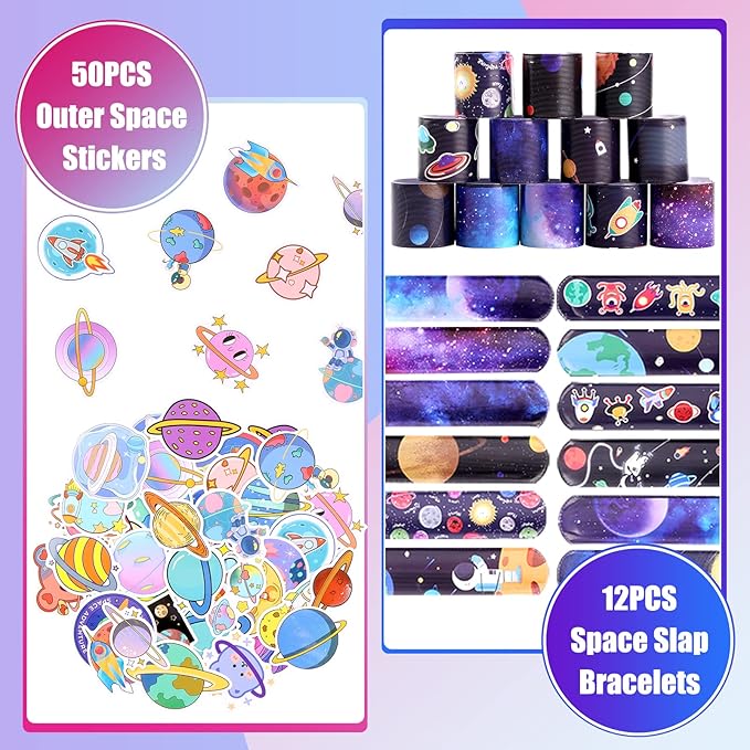 Pllieay 110pcs Outer Space Party Bag Fillers for Kids, Space Bouncy Balls Sticky Hands Slap Bracelets Space Toys for Kids Birthday Christmas Gift Goodie Bag Fillers Pinata Stuffers Classroom Prizes
