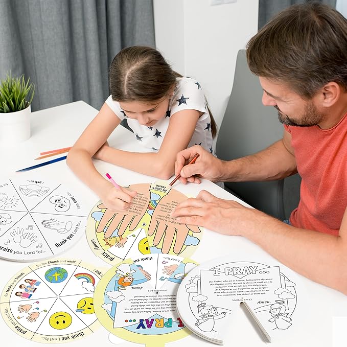 COcnny Bible Prayer Religious Craft - 24 Sets Christian Jesus Coloring Wheel Cards Creation Game Activities for Kids, The Lord’s Prayer Biblical Art Craft for Sunday School Classroom Ages 3-5 4-8 8-12