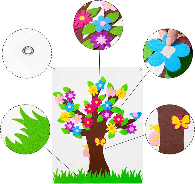 WATINC 49Pcs DIY Spring Tree Felt Board Craft Kit, Flower Leaf Butterfly Snail Bird Detachable Ornaments Spring Party Decoration for Kids, Activity Creative Game Wall Hanging Decor for Home Classroom