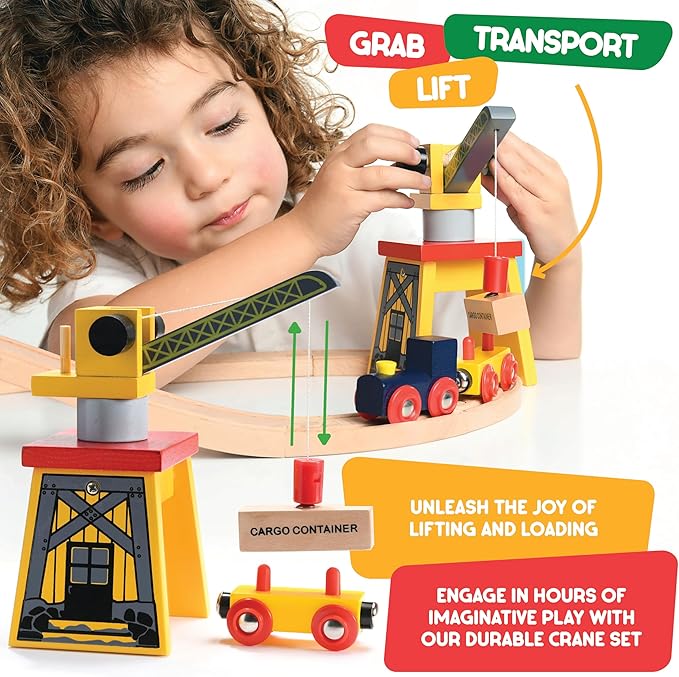Play22 Wooden Train Set Toddler Toys - 38 Pieces Wood Train Track Set for Toddlers 3-4 Years with Crane, Bridge & Accessories