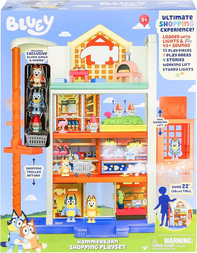 Bluey Hammerbarn Shopping Playset, 4 Level, 22" Tall Playset with Working Lift and Trolley Return, Including Lights and 45+ Sounds