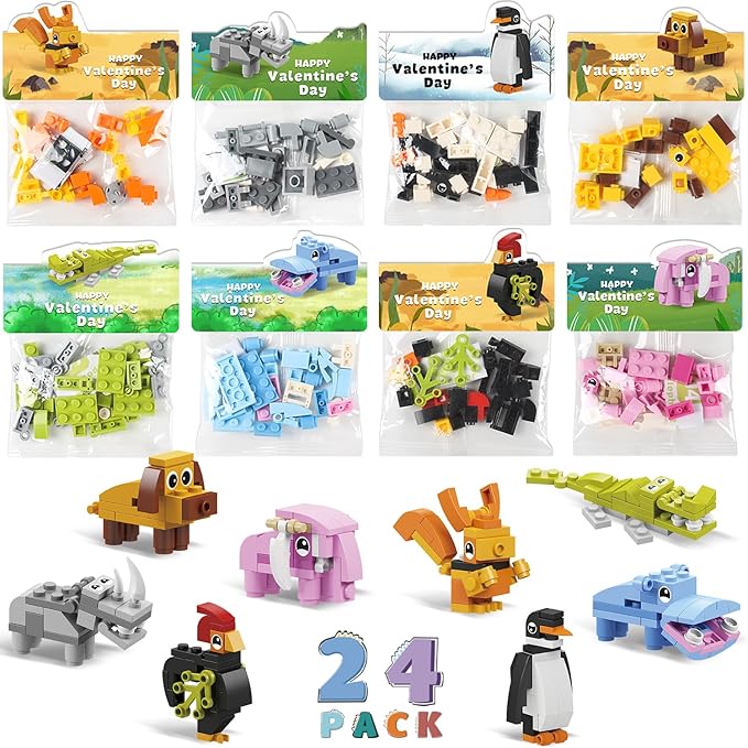 Valentines Day Gifts for Kids - 24 Pack Prefilled Animal Building Blocks with Valentine's Day Cards Sets for School Classroom Class Party Favor, Valentines Crafts Exchange for Boys Girls Teens