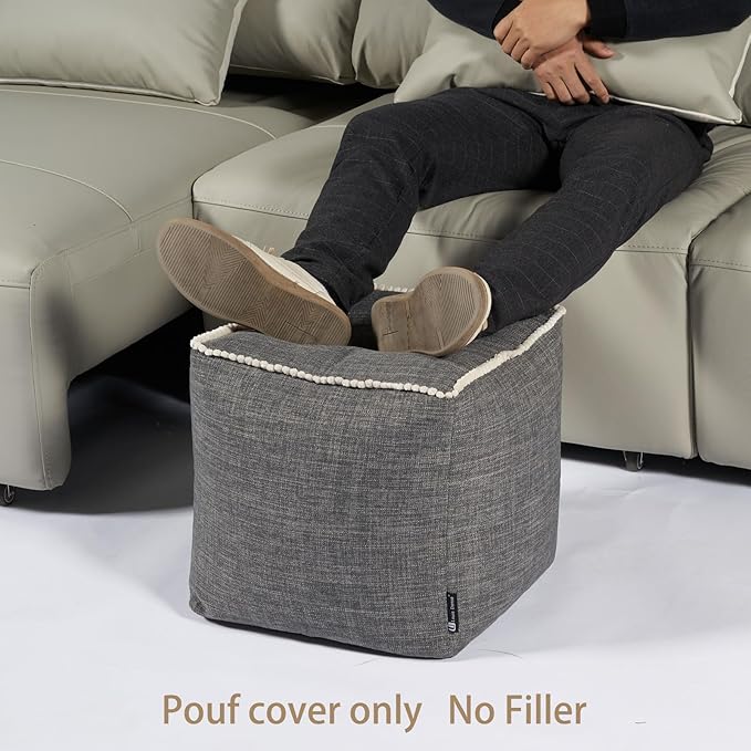 Louis Donné Unstuffed Pouf Ottoman Footstool Cover Gray Cottom Fabric for Storage, Decorative Washable Pouf Footstool with Trim Lace for Living Room House Warming Gifts(Only Cover)