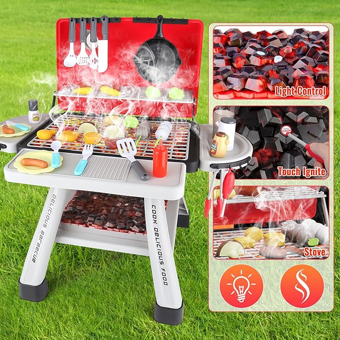 deAO Kids BBQ Grill Playset,23.6" Heigh Kitchen Toy with Realistic Smoke,Light with Toy Grill Toy,41PCS Kitchen Accessories Play Food Toy for Pretend Play Cooking for Kids