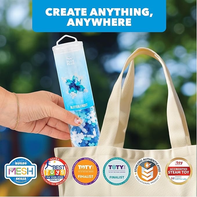 PLUS PLUS 240 Piece Interlocking Building Blocks for Kids, Open Ended Connecting Toys, STEM Bin Classroom Mini Manipulatives - Glitter Frost Mix Play Tube