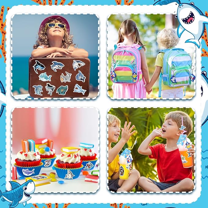 Qilery 195 Pcs Mermaid Party Unicorn Party Dinosaur Party Shark Party Favors Includes Plastic Cup with Lid Straw Keychain Bracelet Ring Stamper Stickers Tag For Party Favors Piñata Filling (Shark)