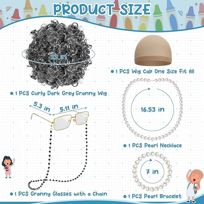 Old Lady Costume for Kids, Dark Gray Curly Wig Glasses Wig Cap Pearl Necklace Bracelet for 100 Days of School Costume