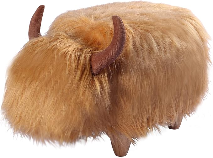 GIA Kids Ottoman with Storage, Foot Stand and Wooden Legs, MacGregor Highland Cow, Brown