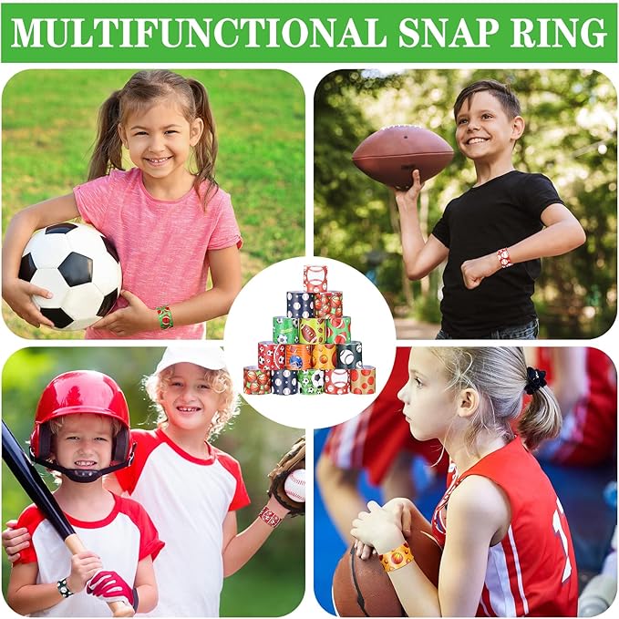 Deekin 96 Pcs Sports Party Favors Slap Bracelets Football Baseball Soccer Snap Bracelet Bands Slap Bands Colorful Decorations for Kids Birthday Party Supplies, 8.8 x 1.2 Inch