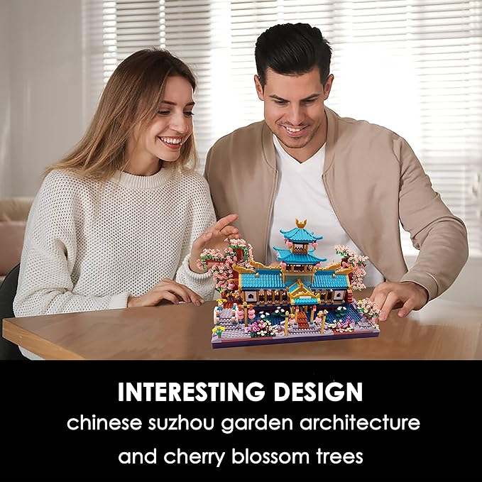 Micro Building Blocks Set，Chinese Suzhou Garden Architecture and Cherry Blossom Bonsai Tree Building Toys for Adults，Japanese Sakura House Model，Creative Mini Bricks Gift for Kids 14+，2350 pcs