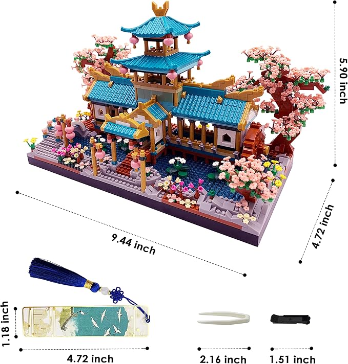 Alizdd Micro Building Blocks Set，Chinese Suzhou Garden Architecture and Cherry Blossom Bonsai Tree Building Toys for Adults，Japanese Sakura House Model，Creative Mini Bricks Gift for Kids 14+，2350 pcs