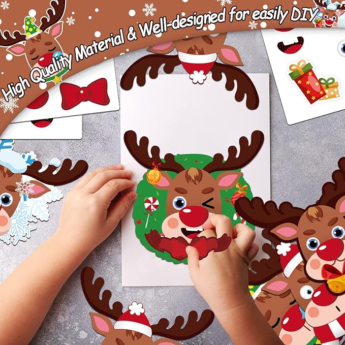 DIY Christmas Reindeer Tree Ornament Craft Kit for Kids Holiday Art Making Craft with Stickers, Make Your Own Xmas Reindeer Christmas Favor Decoration Home Classroom Party Game Activities