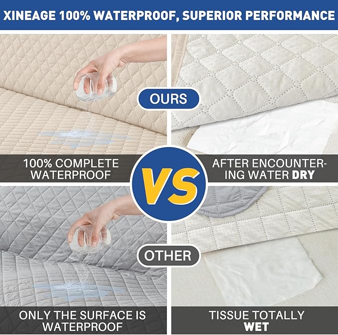 XINEAGE Quilted Sofa Cover Waterproof Couch Covers for 3 Cushion Couch, Super Soft Washable Slipcover with Pockets & Non-Slip Elastic Straps, Thick Furniture Protector (Sofa, Beige)
