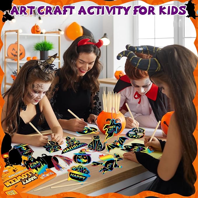 YEGEER 96PCS Halloween Craft Kit for Kids, Magic Scratch Off Paper Hanging Ornaments Set with 48pcs Wooden Stylus, 96pcs Cords for Halloween Games, Party Favors, Art Craft Supplies