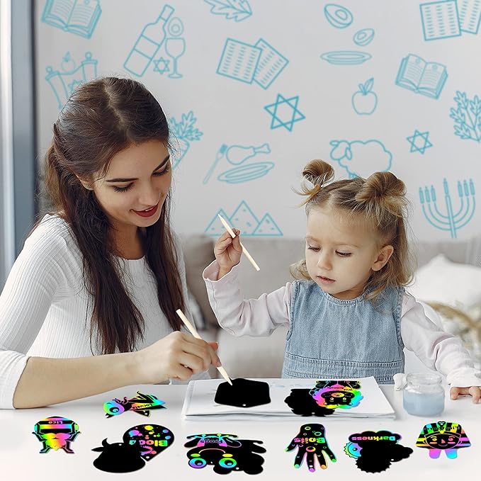 WATINC 60pcs Passover Scratch Paper Art Kit with 10 Plague for Kids, Magic Color Scratch Off Cards Craft DIY Animals Drawing Notebook, Classroom School Birthday Party Favor Hanging Decoration