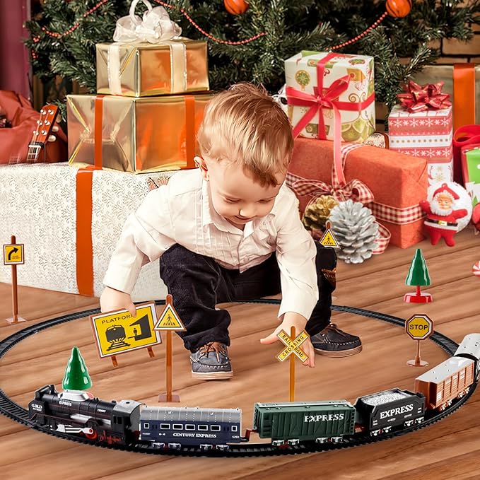 deAO Train Set with Light for Kids, Cargo Cars and Long Track for Boys & Girls Aged 3-12, Train Toys Railway Kits with Signposts & Trees, Electric Train Race Track Playset,Great for Birthday & Xmas