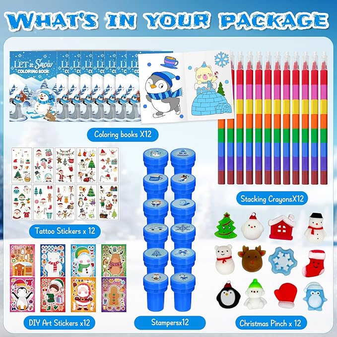 Cinrobiye 72 Pieces Winter Frozen Party Favors Winter Arctic Animals Coloring Books Tattoo DIY Sticker Stampers Class Reward Prizes for Christmas Holiday Winter Party