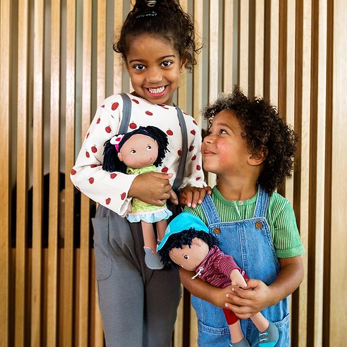 HABA Cari 12" Soft Doll - Machine Washable with Green Dress, Embroidered Face, Brown Eyes and Black Pigtails