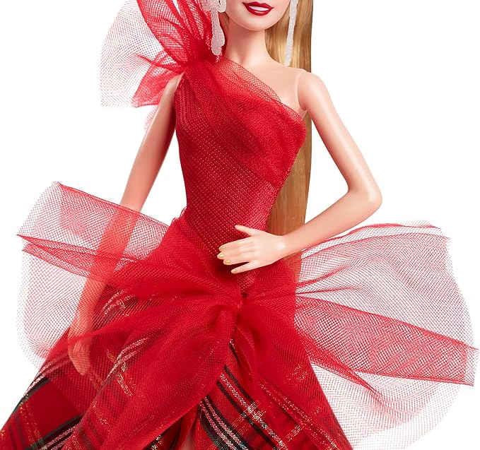 Barbie Signature Doll, 2024 Holiday Blonde Fashion Doll Wearing Gown with Plaid Skirt, Seasonal Collector Gift in Displayable Packaging