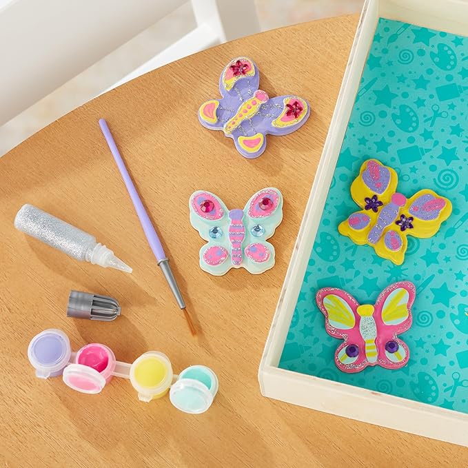 Melissa & Doug Created by Me! Wooden Butterfly Magnets Craft Kit (4 Designs, 4 Paints, Stickers, Glitter Glue)