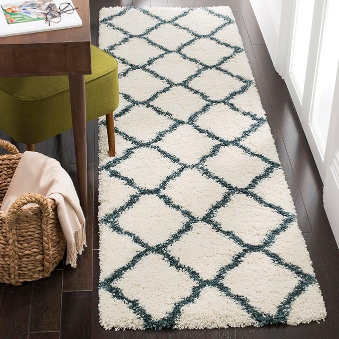 SAFAVIEH Hudson Shag Collection Runner Rug - 2'3" x 8', Ivory & Slate Blue, Moroccan Trellis, Non-Shedding & Easy Care, 2-inch Thick Ideal for High Traffic Areas in Living Room, Bedroom (SGH283T)