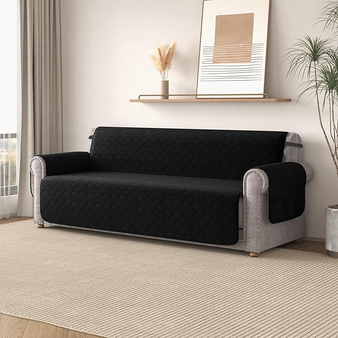 CHUN YI Loveseat Cover, Water Resistant Slipcover for 2 Cushion Couch, Washable Sofa Cover with Adjustable Strap Storage Pocket for Living Room Dog Pet (Loveseat, Black)