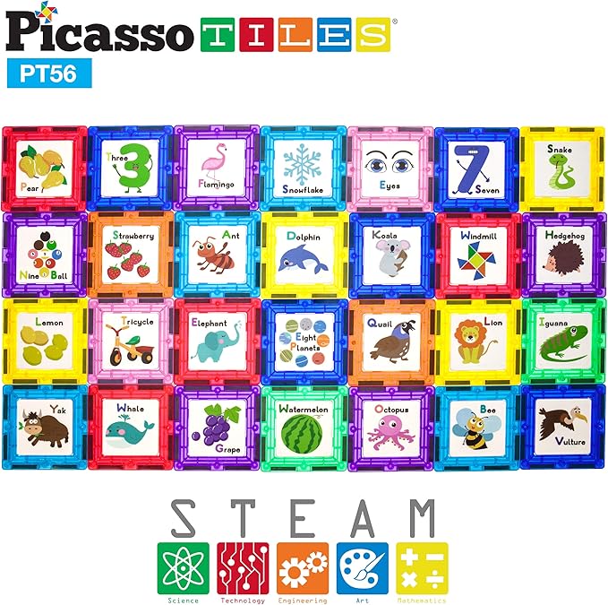 PicassoTiles Magnetic Building Blocks with Tiles and Educational Artwork Graphic Click-in Inserts Magnet Construction Toy Set STEM Learning Kit Playset Child Brain Development PT56