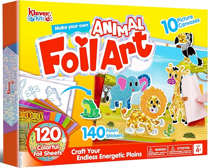 Klever Kits Foil Art Kit for Kids - Arts & Crafts Supplies, Mess Free Coloring, Animal Foil Foam Stickers, Creative Travel Toys, Birthday Gifts for Boys & Girls Ages 4 and Up