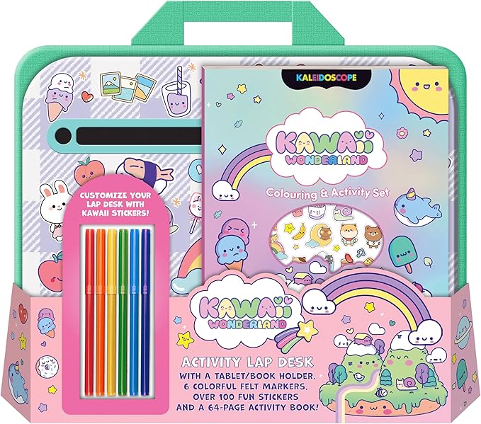 Kaleidoscope: Kawaii Wonderland Coloring & Activity Set - Carrier Functions As A Lap Desk, Kawaii Themed Book & Case, 100+ Stickers, Kids Ages 3+