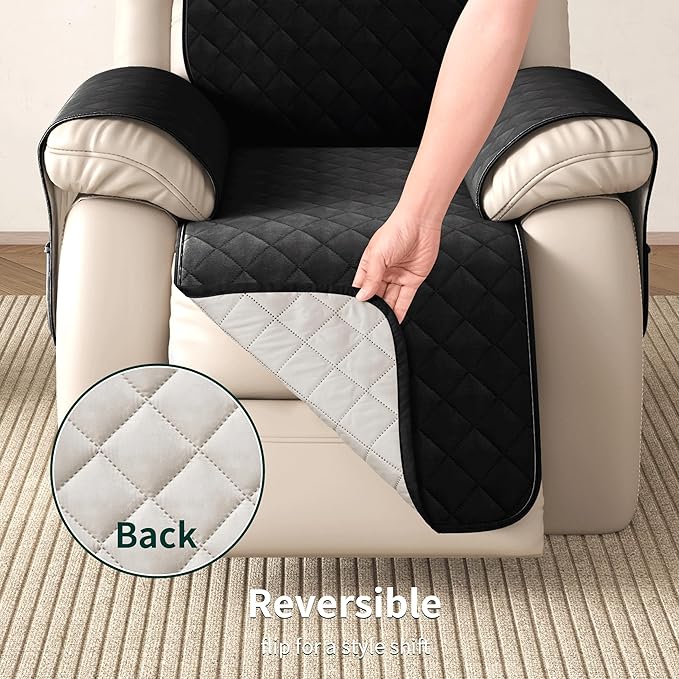 CHUN YI Recliner Chair Cover, Non-Slip Recliner Covers That Stay in Place, Washable Lazy Boy Recliner Covers with Pockets, Water Resistant Recliner Slipcover for Pets (Black, Large Recliner)