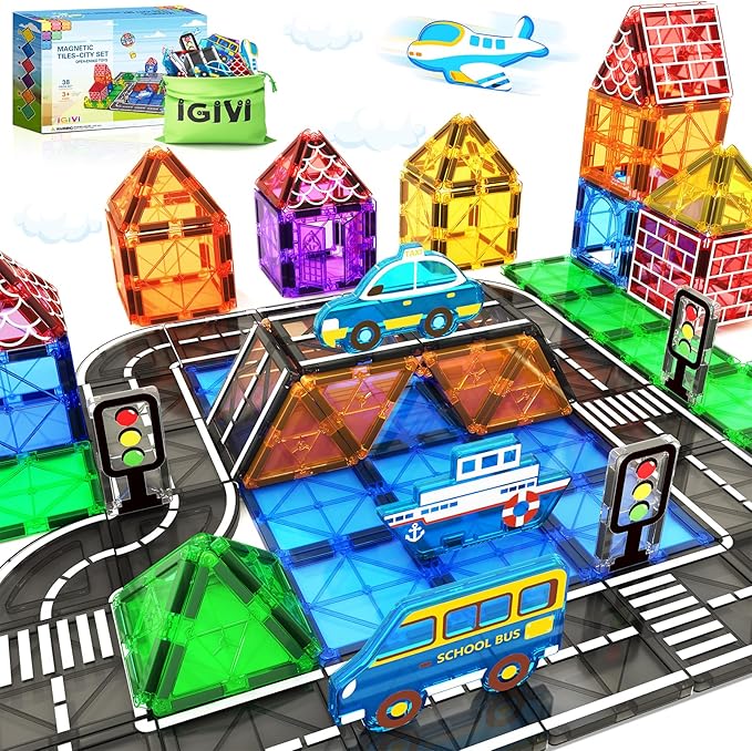 Magnetic Tiles Road Set with Car Toys, Magnetic Building Blocks for Toddlers, STEM Construction Toys for Kids Ages 3+, Gifts Toys for Boys & Girls