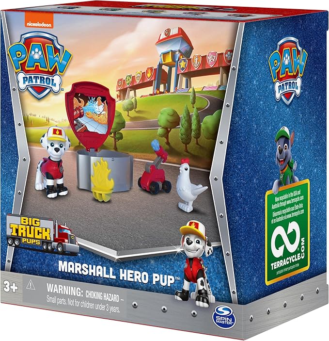 Paw Patrol, Big Truck Pups Marshall Action Figure with Clip-on Rescue Drone, Command Center Pod and Animal Friend Kids Toys Ages 3 and up